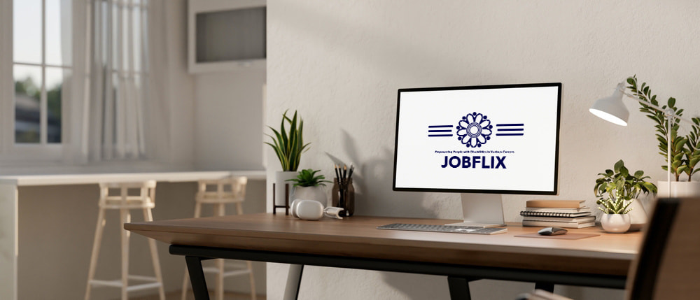 仕事用デスクにパソコンが置かれ、JOBFLIXのロゴが表示されている在宅ワークのイメージ